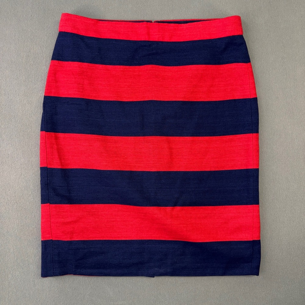 J.Crew The Pencil Skirt Red Navy Blue Striped Cotton Linen Blend Size 4